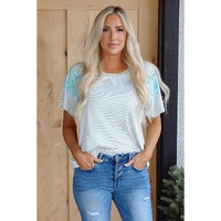 White Stripe Floral Insert Sleeves Contrast Round Neck Tee - L thumbnail