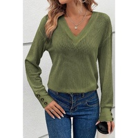 Jungle Green Textured Knit V Neck Button Cuffs Long Sleeve Top - S thumbnail