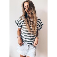 Sea Green Striped V Neck Ruffle Sleeve Top - L thumbnail