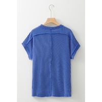 Dark Blue Textured Knit Exposed Stitching T-shirt - M thumbnail