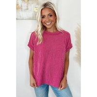 Rose Red Textured Knit Exposed Stitching T-shirt - L thumbnail
