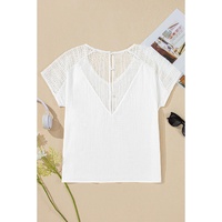 White Lace Crochet Textured Button Back V Neck T Shirt - XL thumbnail