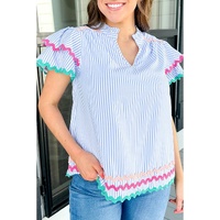 Sky Blue Stripe Ricrac Trim Split Neck Striped Ruffled Sleeve Blouse - L thumbnail