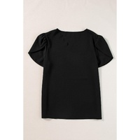 Black Scalloped V Neckline Petal Sleeve Top - S thumbnail