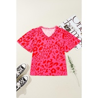 Rose Leopard Frilly V Neck Short Sleeve Blouse - L thumbnail