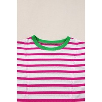 Rose Stripe Contrast Trim Crew Neck Loose Short Sleeve Top - L thumbnail