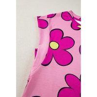 Pink Flower Print Round Neck Cap Sleeve T Shirt - L thumbnail