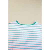 Pink Stripe Contrast Trim Half Zip Short Sleeve Top - L thumbnail