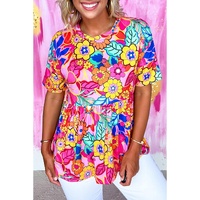 Rose Floral Print Short Sleeve Pleated Babydoll Top - M thumbnail