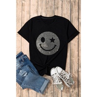 Black Sparkle Rhinestone Smile Face Graphic T Shirt - L thumbnail