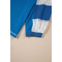 Sky Blue Lace Floral Patchwork Sleeve Stitching V Neck Rib Knit Blouse - L thumbnail