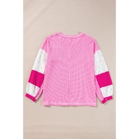 Bonbon Lace Floral Patchwork Sleeve Stitching V Neck Rib Knit Blouse - L thumbnail