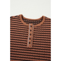 Brown Stripe Textured Frilly Trim Buttons Henley Long Sleeve Top - L thumbnail