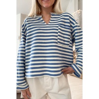 Sky Blue Stripe Chest Pocket Buttoned Back Notched V Neck Top - L thumbnail