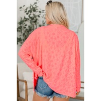 Apricot Pink Oversized Floral Jacquard V Neck Long Sleeve Top - L thumbnail