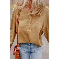 Camel Textured Knit Half Button Drop Shoulder Oversized Top - L thumbnail