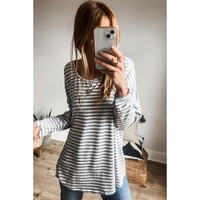 Gray Stripe Drop Sleeve Round Neck Oversized Long Sleeve Top - L thumbnail