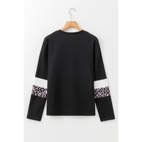 White Leopard Colorblock Patchwork Crew Neck Long Sleeve Tee - L thumbnail