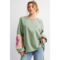 Smoke Green Flower Patchwork Raglan Sleeve Exposed Seam Oversized Top - L thumbnail