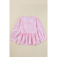 Pink Stripe Bowknot Front Crew Neck Puff Sleeve Blouse - L thumbnail