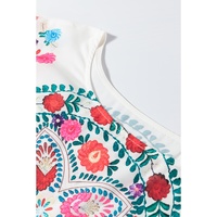 White Boho Floral Print Round Neck Ruffle Trim Blouse - S thumbnail