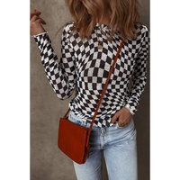 Black Checkered Pattern Mesh Mock Neck Long Sleeve Top - L thumbnail