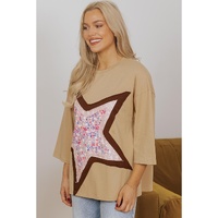 Camel Floral Star Patchwork 3/4 Long Sleeve Top - L thumbnail