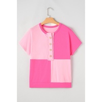 Pink Two Tone Half Buttons Collared T Shirt - S thumbnail