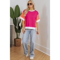 Rose Red Color Block Patchwork Side Slits Loose Fit T Shirt - XL thumbnail
