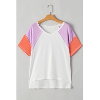 Beige Colorblock Patchwork V Neck Exposed Seam High Low T Shirt - L thumbnail