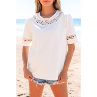 White Lace Crochet Crew Neck Casual T Shirt - XL thumbnail