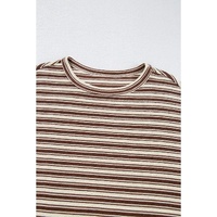Brown Stripe Textured Side Slits Crew Neck T Shirt - L thumbnail