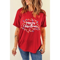 Red Merry Christmas Lights Print Crew Neck T Shirt - M thumbnail