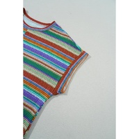 Multicolour Striped Pattern Twist Hem Short Sleeve Top - M thumbnail