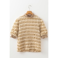 Beige Textured Mock Neck Short Sleeve Blouse - L thumbnail