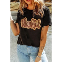 Black Sequined Thankful Round Neck Graphic Tee - M thumbnail