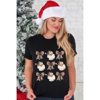 Black Santa Claus Leopard Bow Print Crew Neck Casual T Shirt - S thumbnail