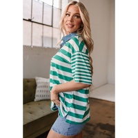 Green Stripe Colorblock Collar Half Buttons T Shirt - L thumbnail