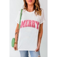White MERRY Letter Christmas Crew Neck Short Sleeve Top - XL thumbnail