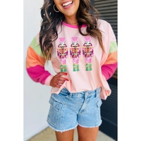 Pink Christmas Sequin Nutcracker Graphic Colorblock Long Sleeve Top - L thumbnail
