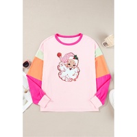 Pink Christmas Santa Claus Graphic Colorblock Patchwork Top - L thumbnail