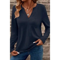 Dirty blue Notch V Neck Pocket Patched Long Sleeve T Shirt - L thumbnail