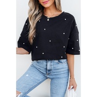 Black Pearl Beaded  Drop Shoulder Crewneck T Shirt - S thumbnail