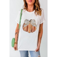 White Thanksgiving Bow Knot Pumpkin Print Round Neck T Shirt - XL thumbnail