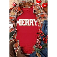 Red Christmas MERRY Graphic Cuffed Sleeve T Shirt - S thumbnail