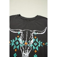 Carbon Grey Vintage Western Bull Head Skull Turquoise Aztec Graphic T Shirt - L thumbnail