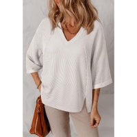 White Solid Color Corded Drop Shoulder 3/4 Sleeve V Neck Top - M thumbnail
