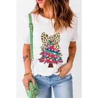 White Leopard Bow Decor Christmas Tree Graphic Crew Neck Tee - 3XL thumbnail
