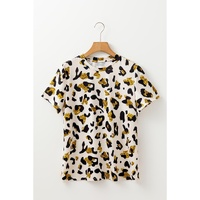 Apricot Leopard Print Round Neck Casual T Shirt - L thumbnail