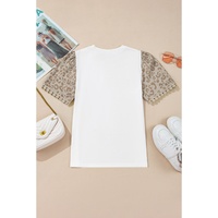 White Leopard Patchwork Crochet Lace Trim Puff Sleeve T Shirt - S thumbnail
